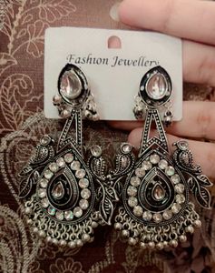 Boho Oxidized Silver Jhumka Earrings Set