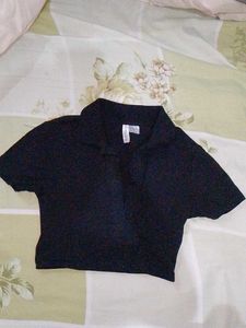 H and m Black Cropped Polo Top