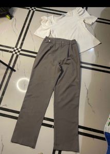 Chic White Puff Sleeve Top &amp; Grey Trousers Set