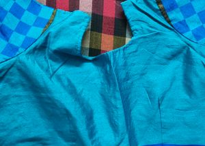 Bright Blue Kurti Top with Checkered Sleeves