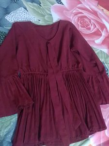 dark Maroon Pleated Bell Sleeve Top