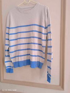 White Coloured Sweatshirt With Blue Strip For Men