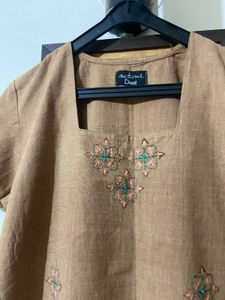 Embroidered Brown Knee Length Kurta