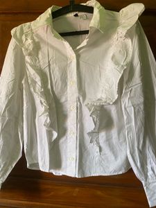 White Ruffle Button-Down Shirt