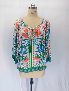 Boho Floral Print Blouse with Tassels