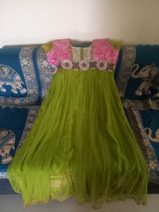 Vibrant Green &amp; Pink Embroidered kurta Set