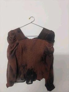 Chic Brown Smocked Bow Top
