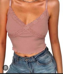 Pink Lace Trim Cropped Cami Top