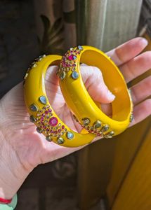 Beautiful Yellow Bangles with Stone Work