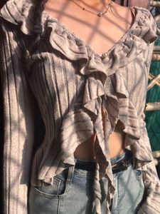 Savana Ruffled Knit Top with Tie Front