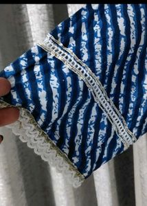 Blue Striped Kurta set with White Lace