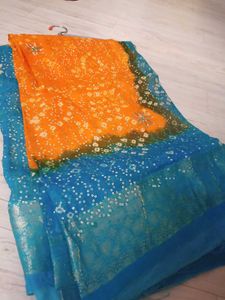Orange and blue bandhani print saree with sequin w
