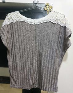 Women's Grey Lace Trim Top
