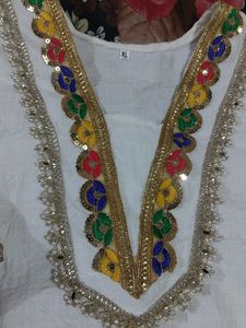 Elegant White Kurta with Colorful Neckline
