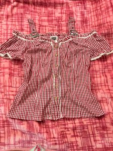 Cute Red Gingham Cold Shoulder Top