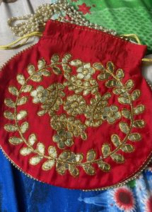 Red Embroidered Clutch Bag with Pearls
