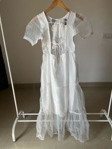 Sheer White Puff Sleeve Tiered Midi Dress