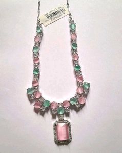Elegant Pink &amp; Green Gemstone Necklace &amp; Earrings