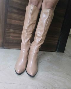 leather Beige Knee-High Boots