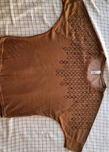 Brown Embellished Round Neck Top