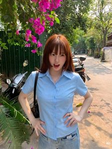 Korean Cute Sky Blue Short Sleeve Button-Up Top