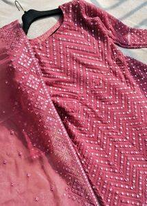 Mirror Work Embroidery A Line Gown With Dupatta