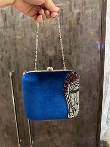 Royal Blue Velvet Embellished Statement Clutch