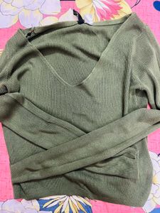 Olive Green Ribbed V-Neck Top