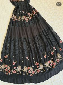 Floral Embroidered Lace insert Black Maxi Dress