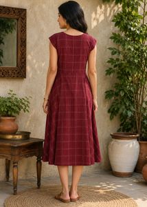 Maroon Checked Cotton A-Line Ethnic Dress