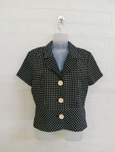 Vintage Grid Print Short Sleeve Blouse