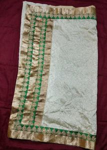 Grand Cream Saree with Green-Golden border