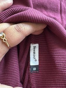 Burgundy High Neck Long Sleeve Dress