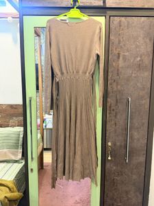 Taupe Belted Knit Elegant Accordian Midi Dress