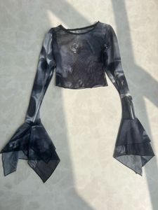 Y2K Sheer Mesh Flare Sleeve Crop Top (NWT)