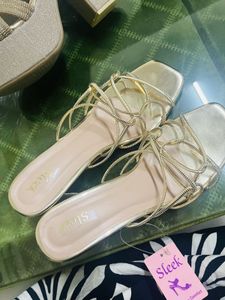 Sparkling Gold Block Heels Sandals