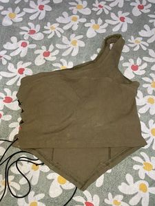 Olive Green One Shoulder Lace-Up Top