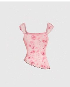 Pink Floral Mesh Top with Ribbon Detail