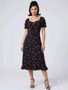 Cute Cherry Print Puff Sleeve Dress