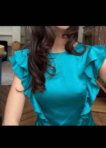 Elegant Teal Satin Top with Ruffle Sleeves