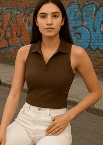 Brown Ribbed Polo Tank Top