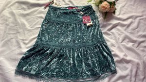 Teal Velvet Tiered Midi Skirt
