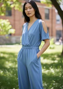 Blue Cold Shoulder Jumpsuit