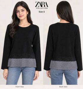 Zara Black Lace Trim Long Sleeve Top