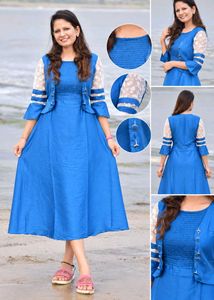 Elegant Blue Ethnic Gown with Lace Sleeves