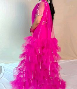 Long Trail Fashion Designer Hot Pink Saree