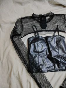Black Mesh Long Sleeve with leather Top