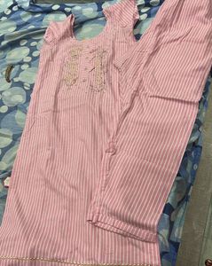 Pink Striped Kurta Set with Embellishment
