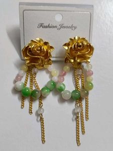 Gold Rose Beaded Dangle Earrings