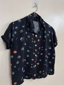 Black Floral Print Button-Up Shirt